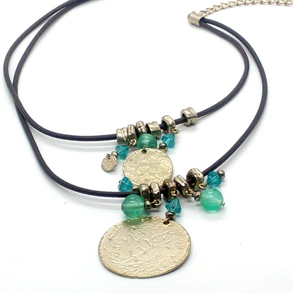 Chico's Layered Disc Pendant Necklace on Brown Faux Leather Cord 18-21"